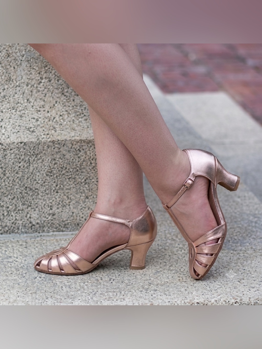 Royal Vintage T-Strap Heeled Sandals Leather Retro 40s Dance Shoes Rose Gold 7.5